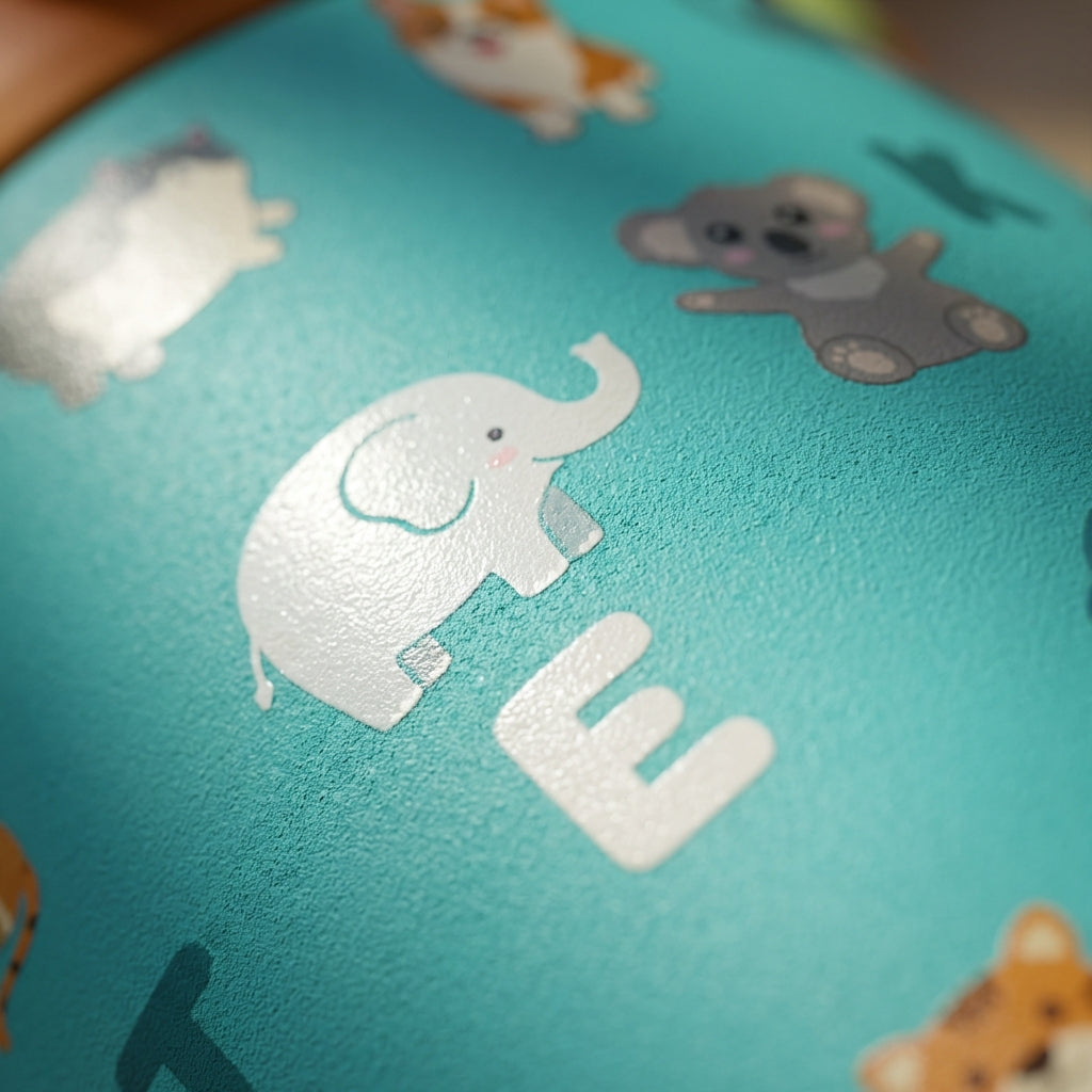 Detail shot - LAMOSE Goose 14oz kids water bottle featuring a light teal background with alphabet letters and cartoon animals like cats, dogs, and elephants.