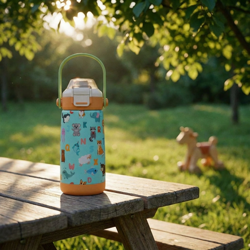 Lifestyle shot - LAMOSE Goose 14oz kids water bottle featuring a light teal background with alphabet letters and cartoon animals like cats, dogs, and elephants.