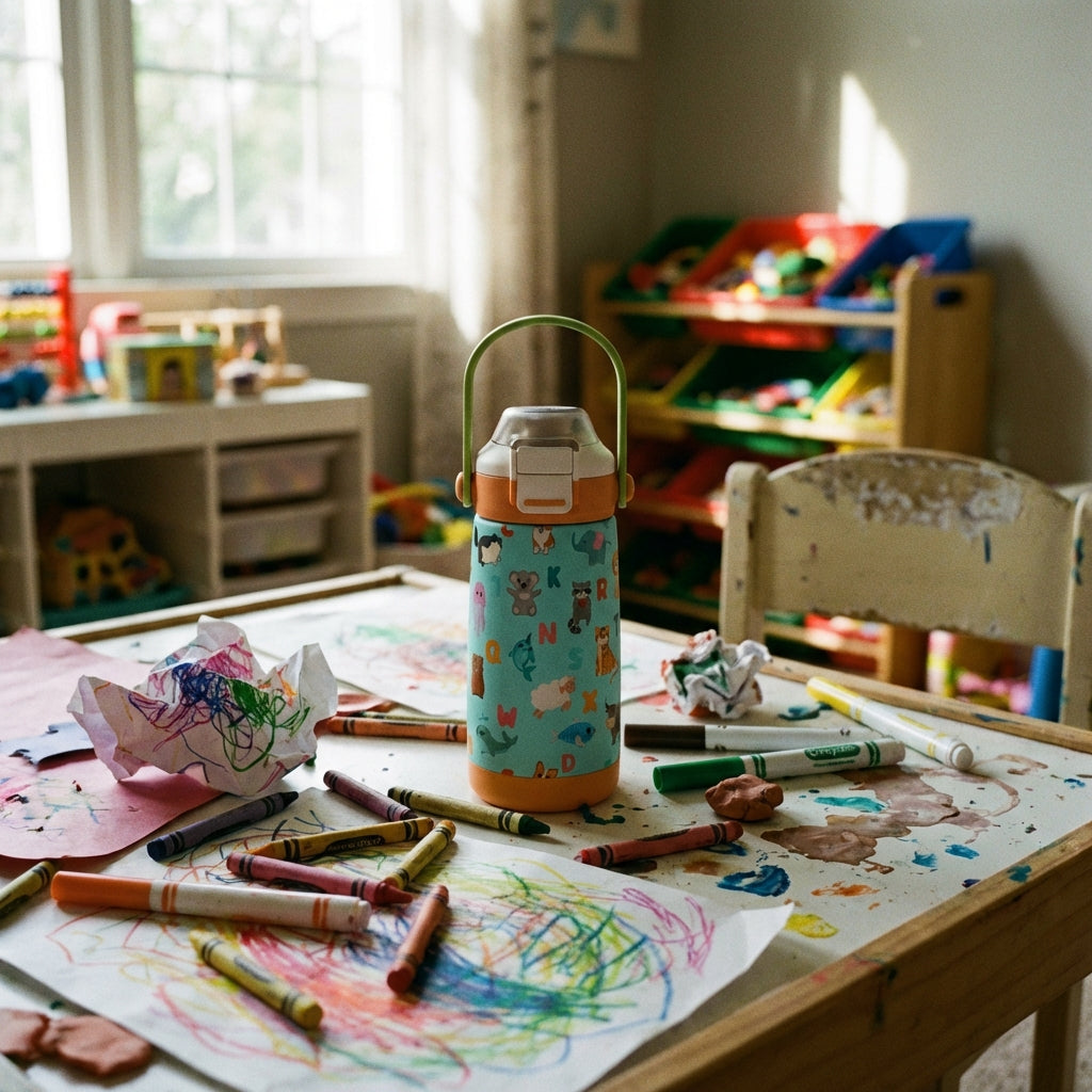 In-Use shot - LAMOSE Goose 14oz kids water bottle featuring a light teal background with alphabet letters and cartoon animals like cats, dogs, and elephants.