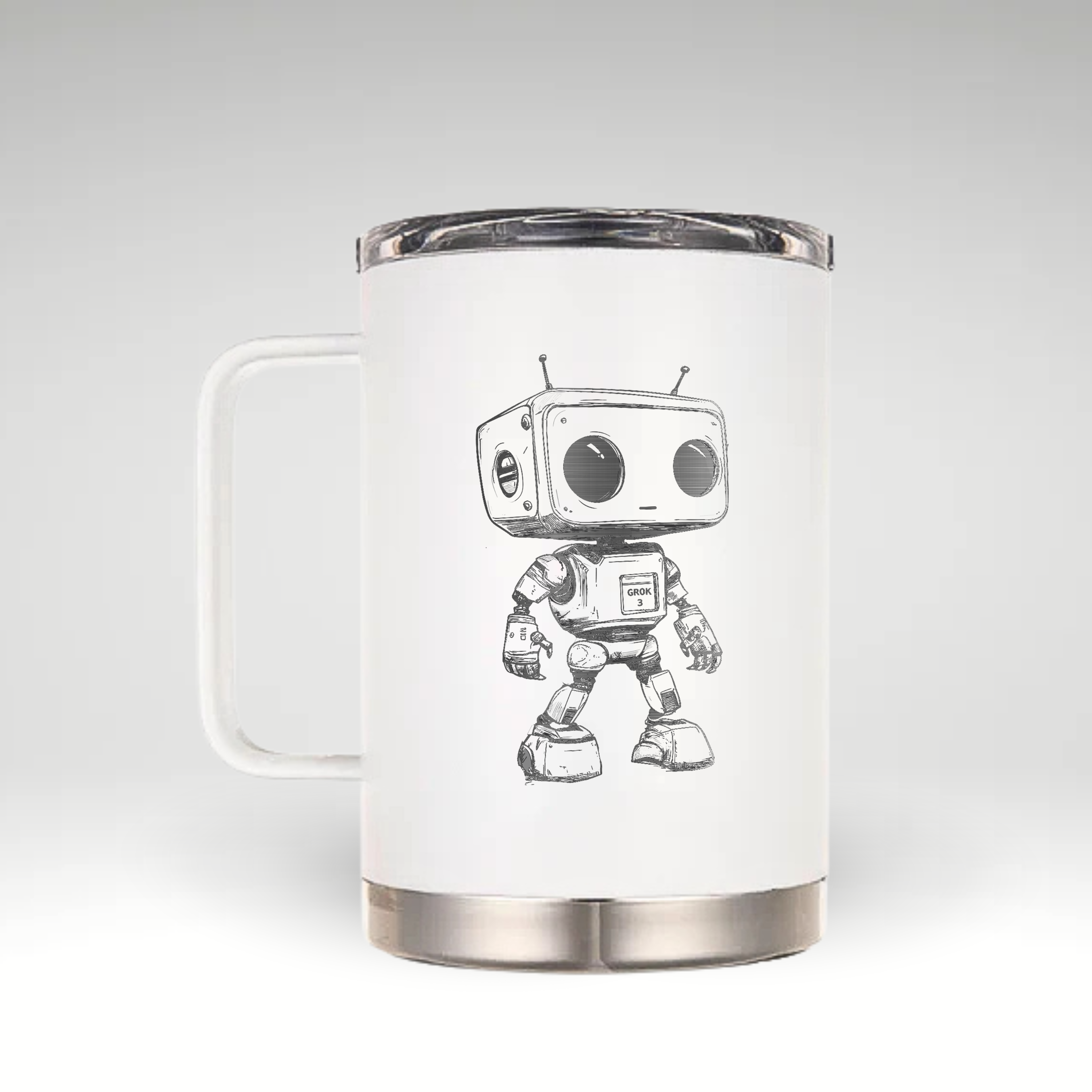 Meet Grok 3: Your AI-Inspired Insulated Mug Insulated mug featuring a playful Grok 3 robot design with intricate black and white line work and the text 'GROK 3' on the chest.