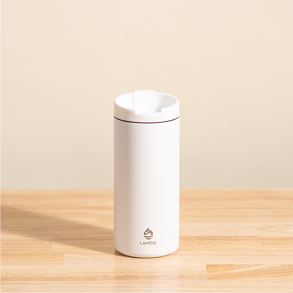 LAMOSE Grouse 12 oz snow white insulated stainless steel tumbler with flip-top lid and matte finish, shown front view.