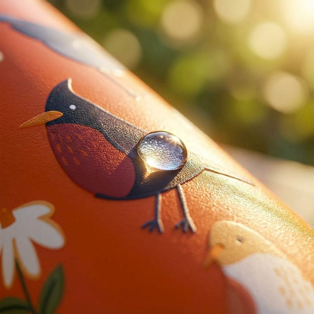 Detail shot - Grouse 12oz orange insulated tumbler featuring colorful bird illustrations and white daisies against a blurred garden background