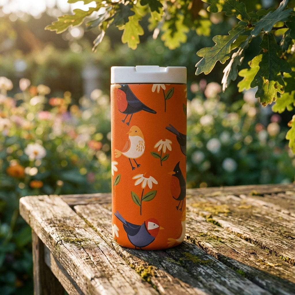 Lifestyle shot - Grouse 12oz orange insulated tumbler featuring colorful bird illustrations and white daisies against a blurred garden background