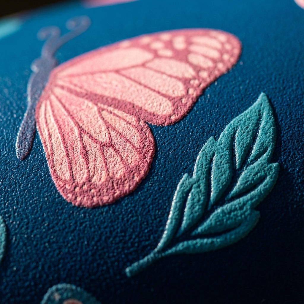 Detail shot - Grouse 34 oz deep blue insulated water bottle featuring a 5D textured pattern of pink and blue butterflies with yellow flowers in a sunny garden setting.