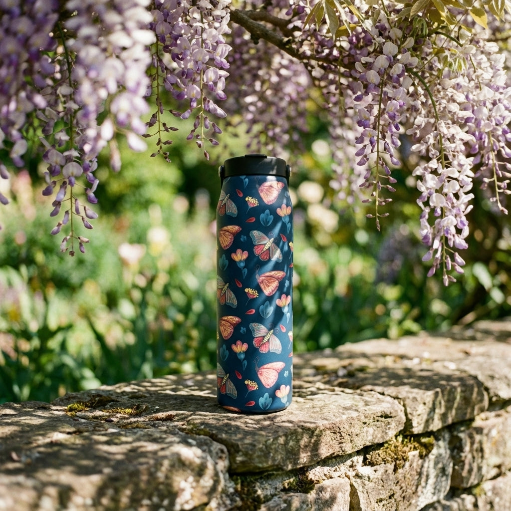 Lifestyle shot - Grouse 34 oz deep blue insulated water bottle featuring a 5D textured pattern of pink and blue butterflies with yellow flowers in a sunny garden setting.