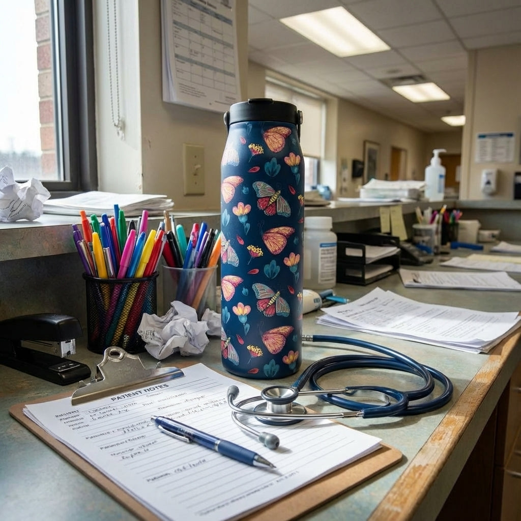 In-Use shot - Grouse 34 oz deep blue insulated water bottle featuring a 5D textured pattern of pink and blue butterflies with yellow flowers in a sunny garden setting.