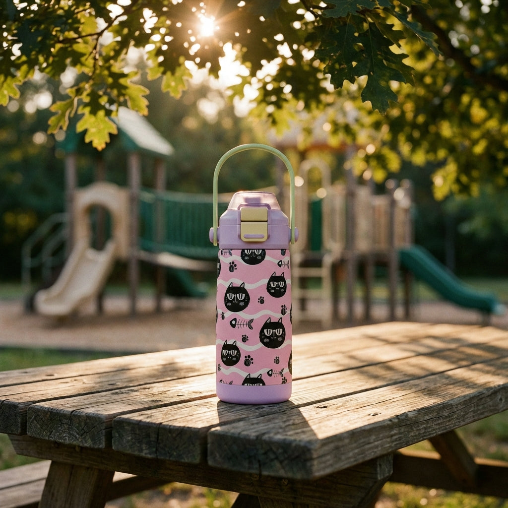 Lifestyle shot - LAMOSE Goose 14 oz kids water bottle in pink with black grumpy cat pattern, light purple lid, green handle and yellow latch