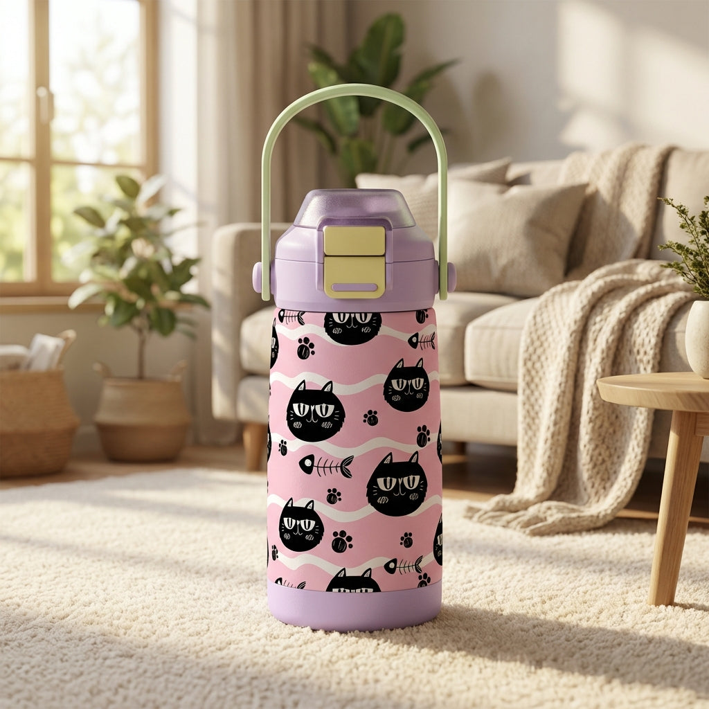 LAMOSE Goose 14 oz kids water bottle in pink with black grumpy cat pattern, light purple lid, green handle and yellow latch