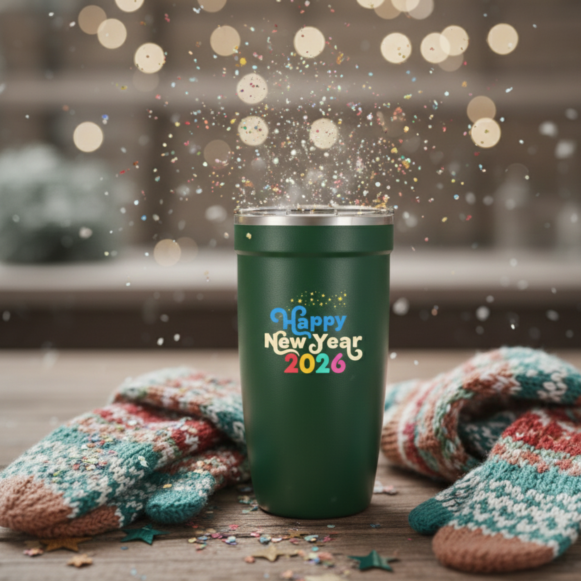 Dark green LAMOSE Peyto 16oz insulated tumbler featuring Happy New Year 2026 text with colorful confetti and bokeh light graphics, sitting next to cozy knitted mittens.