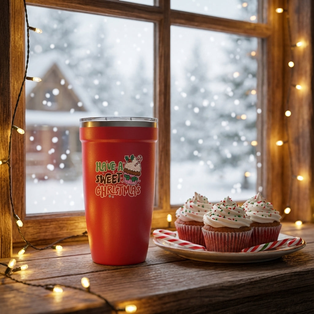 Lifestyle shot - Red Peyto 16oz travel cup featuring Have A Sweet Christmas text and festive cupcake illustration surrounded by candy canes and holiday decor
