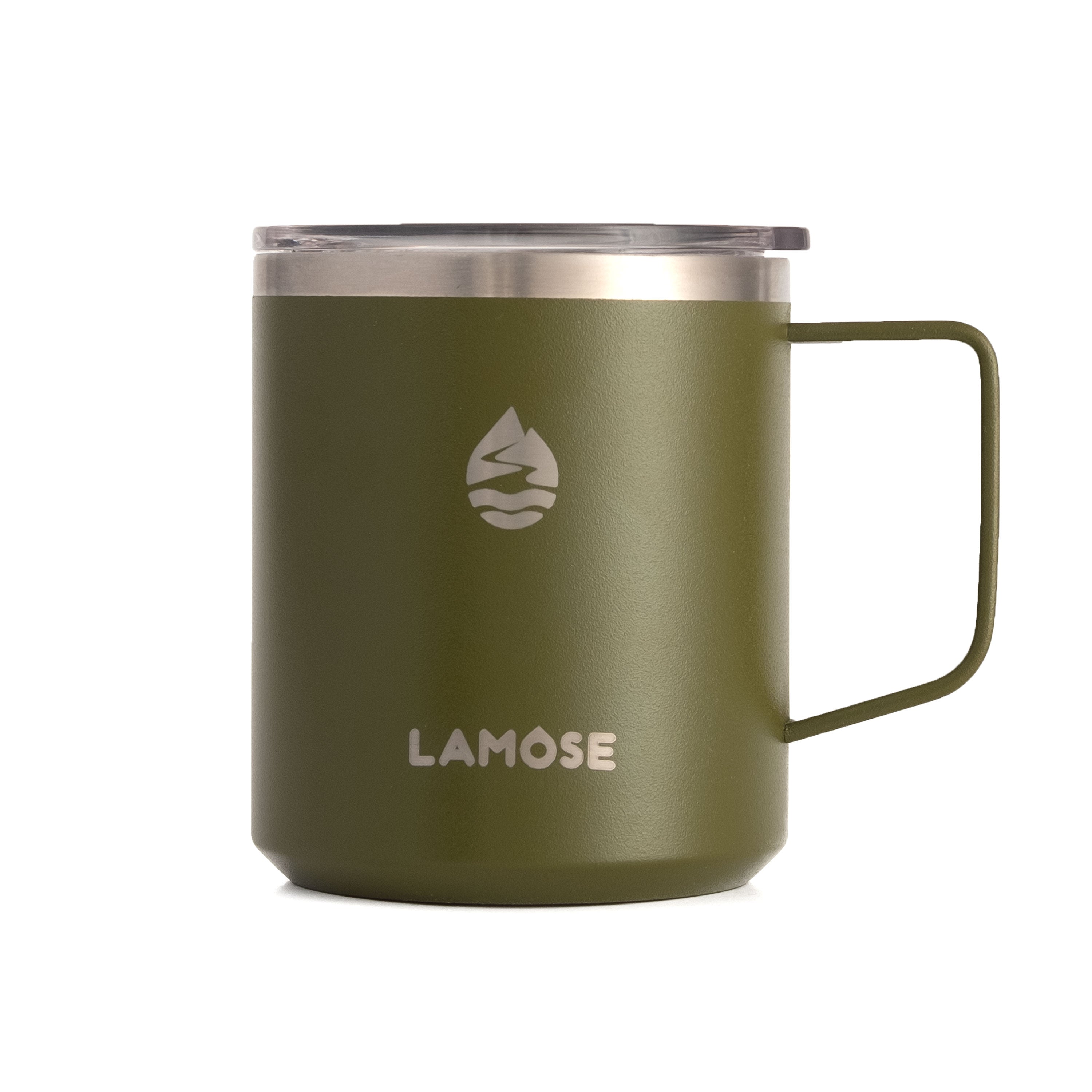 LAMOSE Hudson 12 oz insulated mug in pine green, front view. Features a comfortable handle, clear lid, and engraved logo.