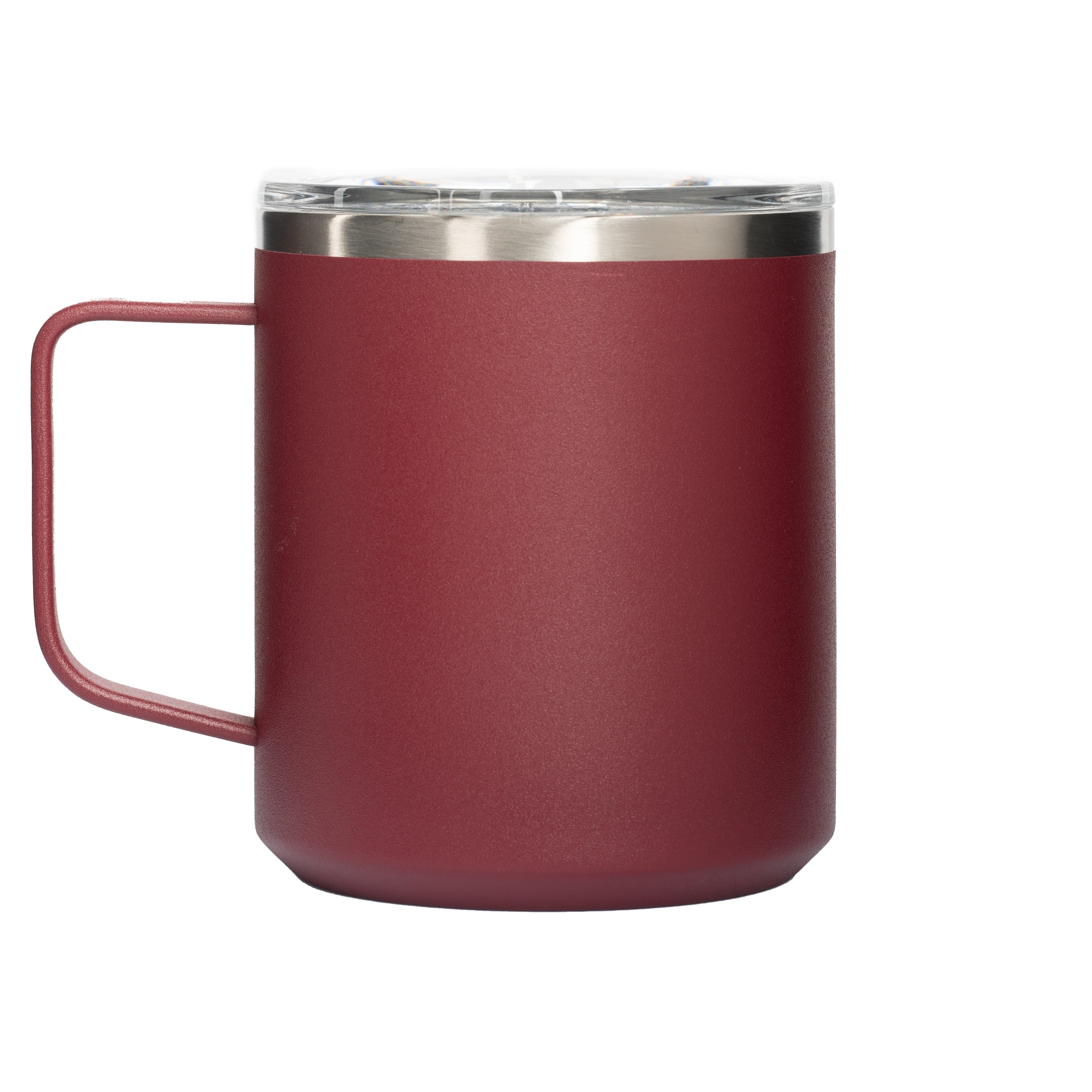LAMOSE Hudson 12 oz burgundy stainless steel insulated mug with matte finish, clear lid, and handle, back view.