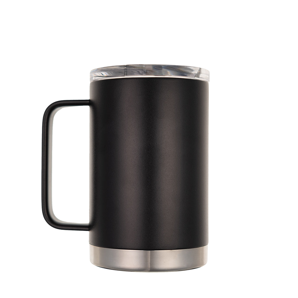 LAMOSE Hudson Pro 20 oz insulated mug in matte black Onyx, featuring a left-side view with handle, stainless steel base, and clear lid.