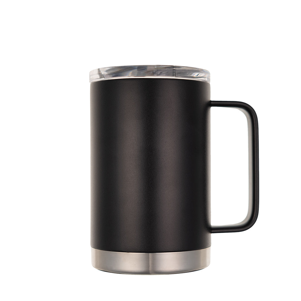 LAMOSE Hudson Pro 20 oz insulated mug in matte onyx black with a clear lid, black handle, and silver stainless steel base, right side view.
