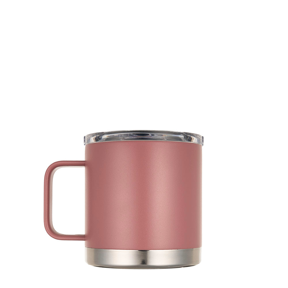 LAMOSE Hudson Pro Max 16 oz insulated mug in dusty pink, left side view, with a clear lid, handle, and stainless steel base.