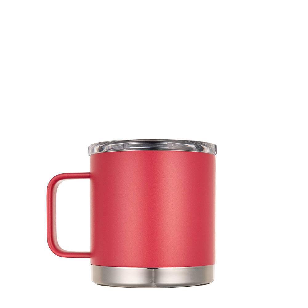 LAMOSE Hudson Pro Max 16 oz insulated mug in Viva Magenta with handle, clear lid, and stainless steel base, viewed from the left.