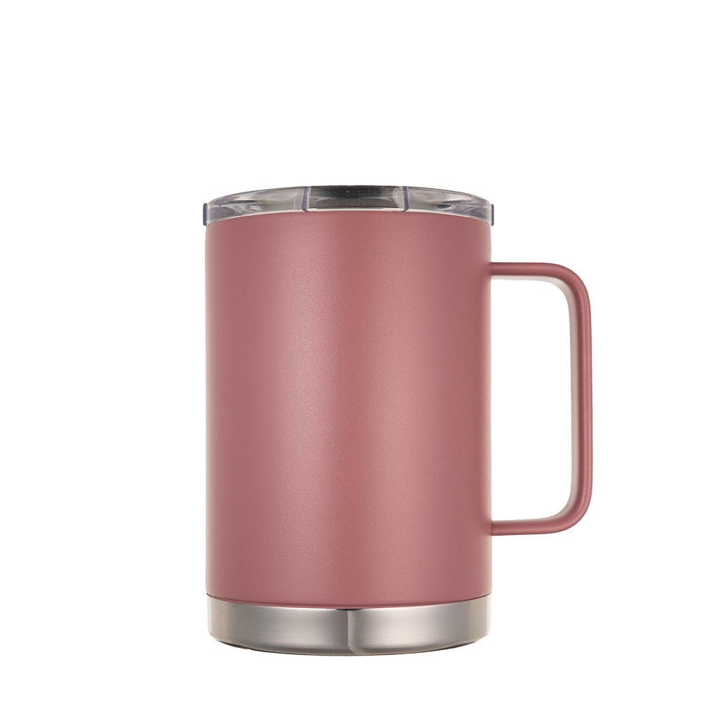 LAMOSE dusty pink insulated stainless steel mug with handle, clear slider lid, and silver base, viewed from the right.