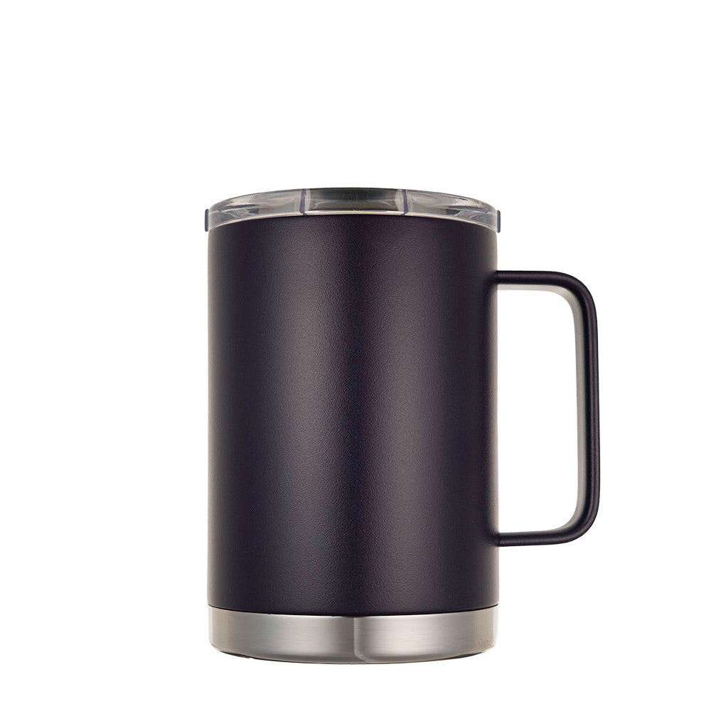 LAMOSE Hudson Pro Max insulated mug in Nova Purple, matte stainless steel, with handle, clear slider lid, and brushed base, right view.
