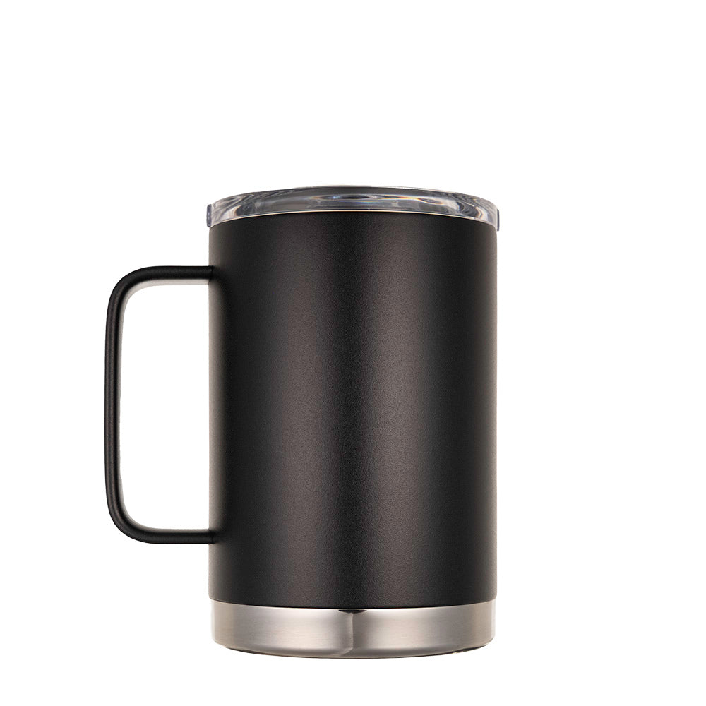 LAMOSE Hudson Pro Max 24oz insulated mug in onyx black, front-left view, with a handle, clear lid, and stainless steel base.