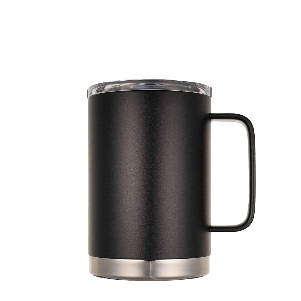 LAMOSE Hudson Pro Max 24 oz insulated mug in Onyx black, with a handle, clear lid, and stainless steel base, front view.