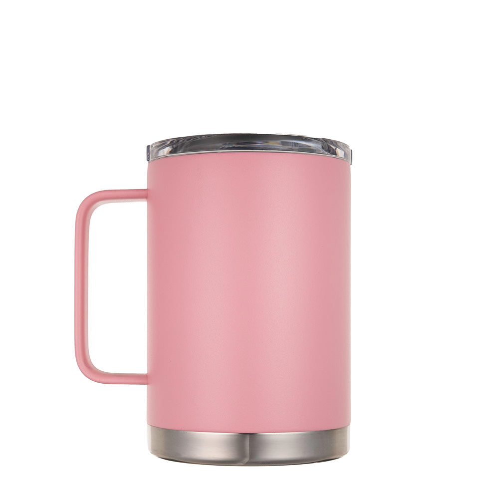 LAMOSE Hudson Pro Max 24 oz pink insulated mug, matte stainless steel with handle, clear lid, and stainless base, left view.