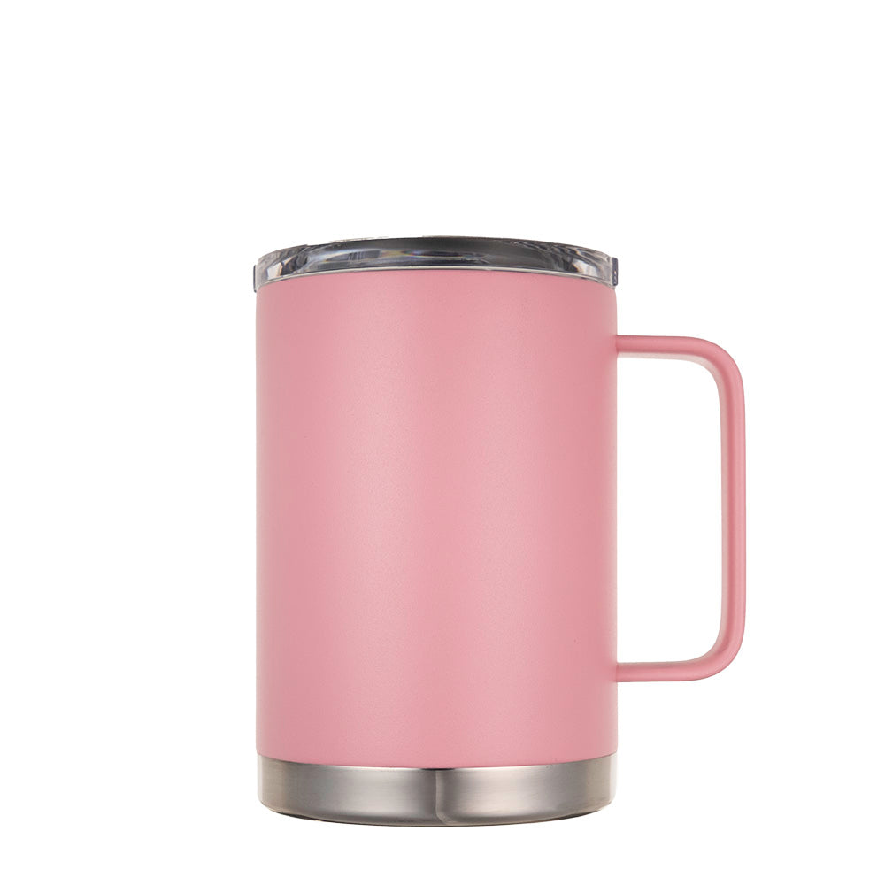 LAMOSE Hudson Pro Max 24 oz pink insulated stainless steel mug with handle, clear leak-proof lid, front right view.