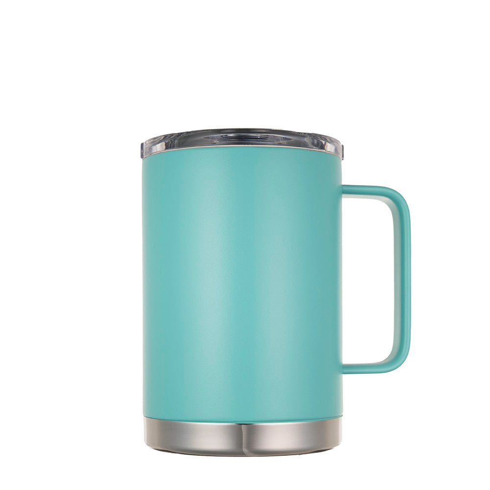 LAMOSE Hudson Pro Max 24 oz turquoise insulated mug with handle, clear slider lid, and stainless steel base, front-right.