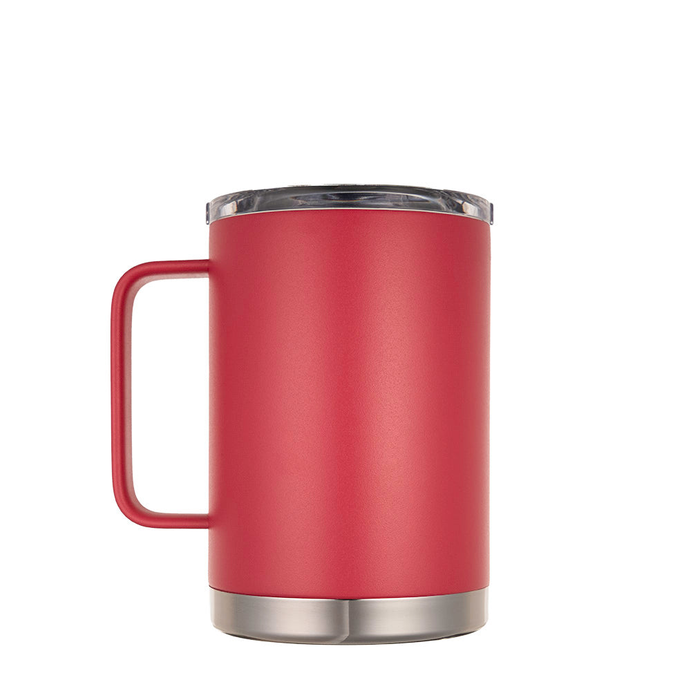 LAMOSE Hudson Pro Max 24 oz insulated mug in red, front-left view, with a handle, clear lid, and stainless steel base.