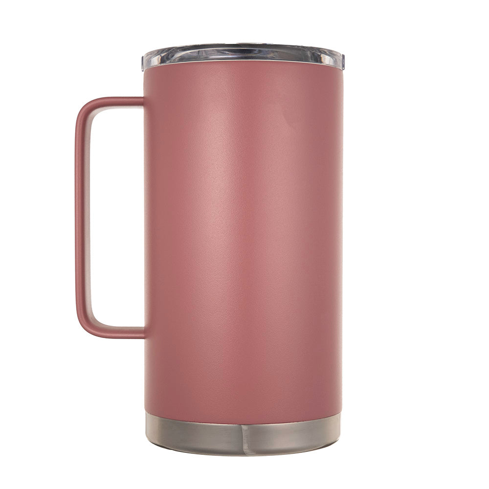 LAMOSE Hudson Pro Max 32 oz dusty pink insulated stainless steel mug with handle and clear lid, front left view.