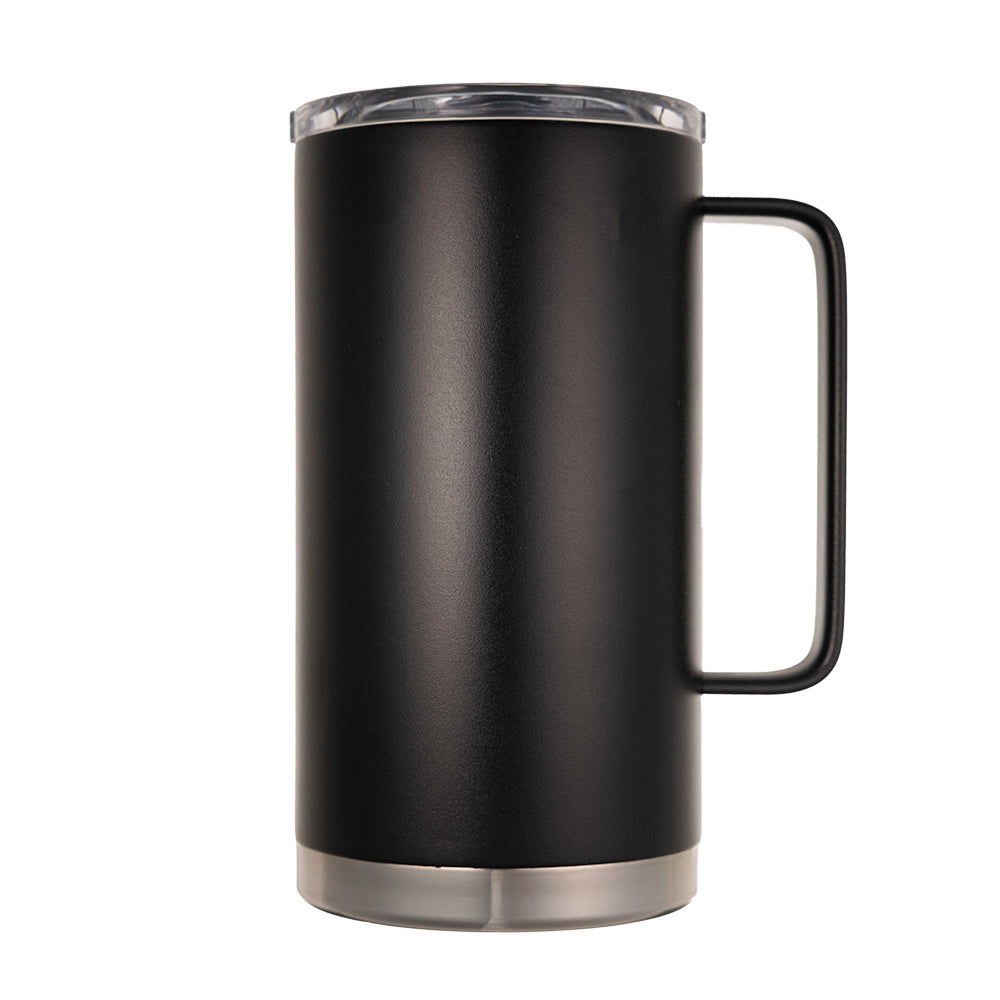 LAMOSE Hudson Pro Max 32 oz insulated onyx black stainless steel mug with handle, clear leak-proof lid, and silver base, right view.