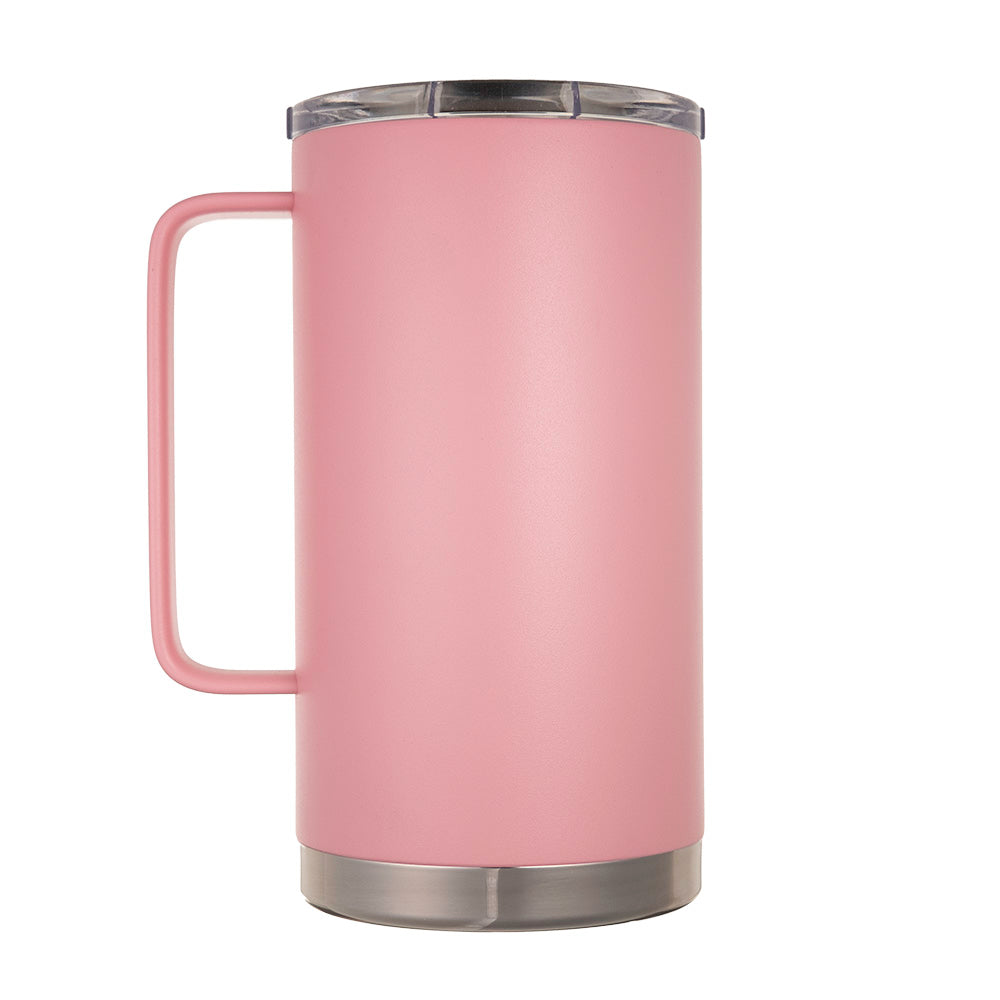 LAMOSE Hudson Pro Max 32 oz insulated mug in pink, shown from the left with a handle, clear leak-proof slider lid, and stainless steel base.