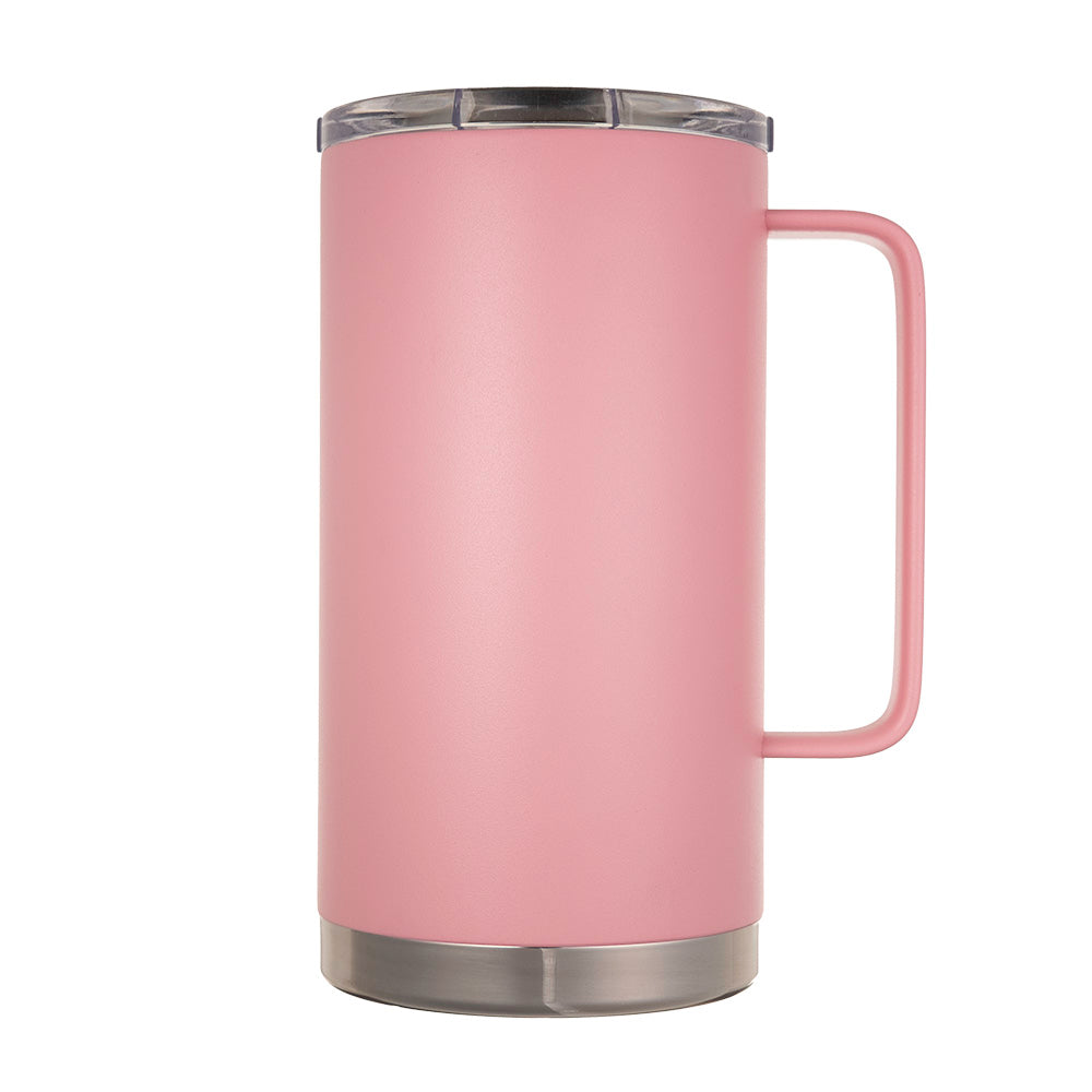 LAMOSE Hudson Pro Max 32 oz insulated mug in pink, stainless steel base, with handle and transparent slider lid, front view.