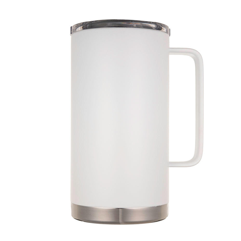LAMOSE Hudson Pro Max 32 oz insulated mug in snow white, front-right view, with handle, clear slider lid, and stainless steel base.