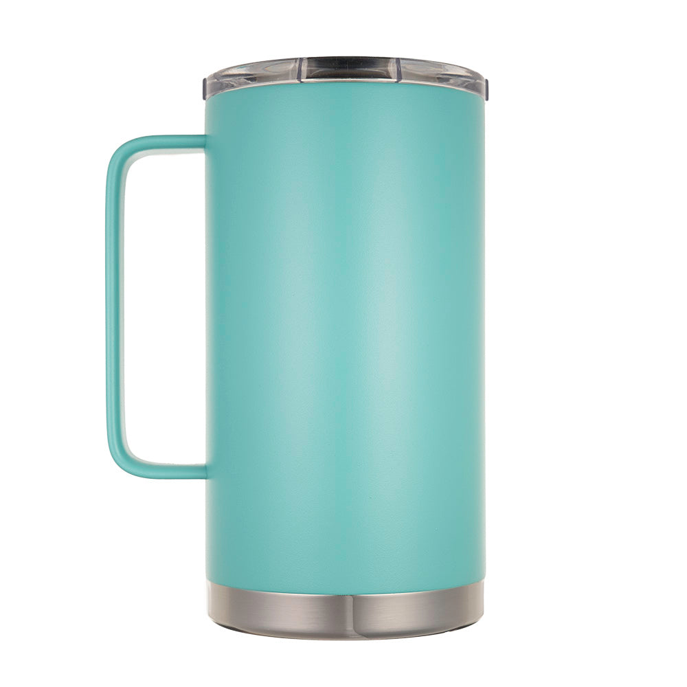 LAMOSE Hudson Pro Max 32 oz turquoise insulated mug with handle, clear slider lid, and stainless steel base, shown front-left.