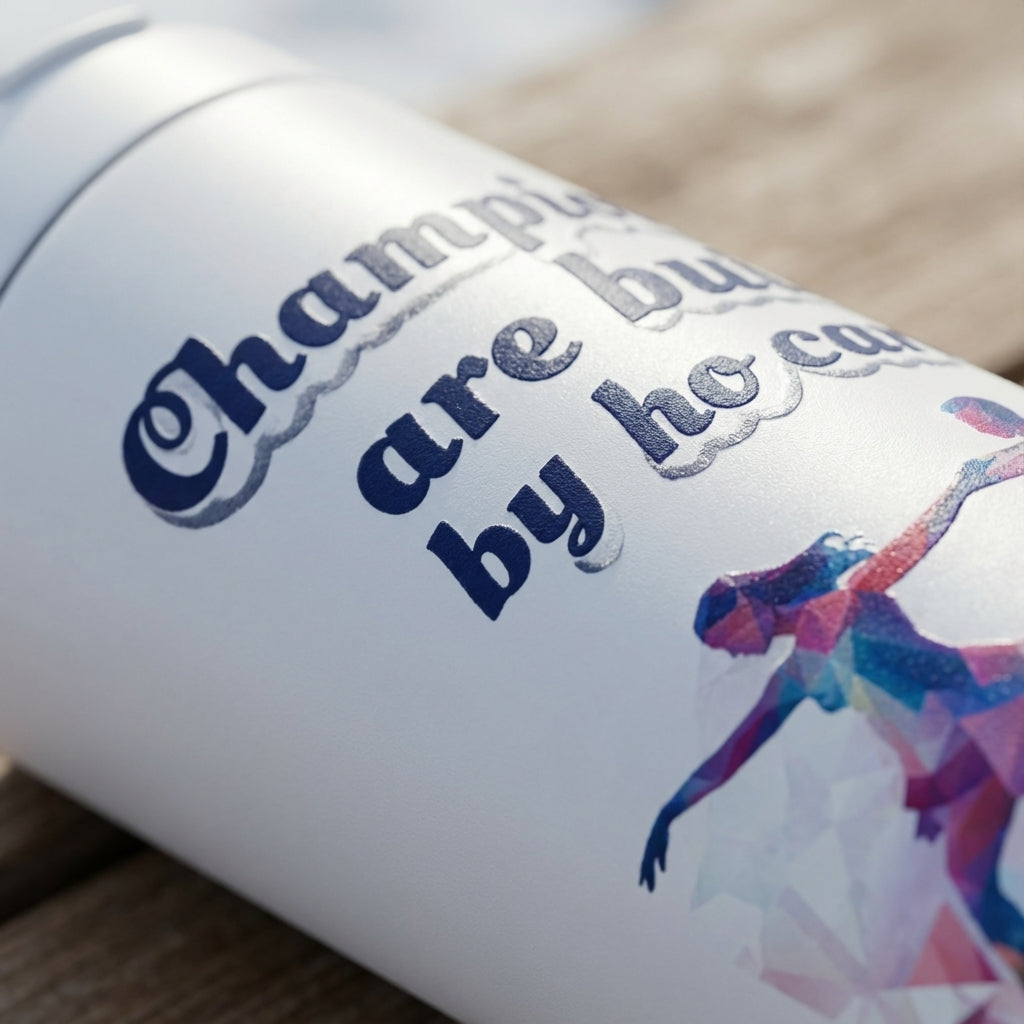 Detail shot - White LAMOSE Grouse tumbler featuring geometric ice skater illustration and inspirational quote for skating coaches, set against a winter backdrop.