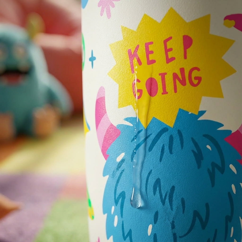 Detail shot - White 16oz insulated tumbler with coral lid and straw, featuring colorful cartoon monsters, pink mushrooms, and Keep Going text, sitting on a playroom rug.