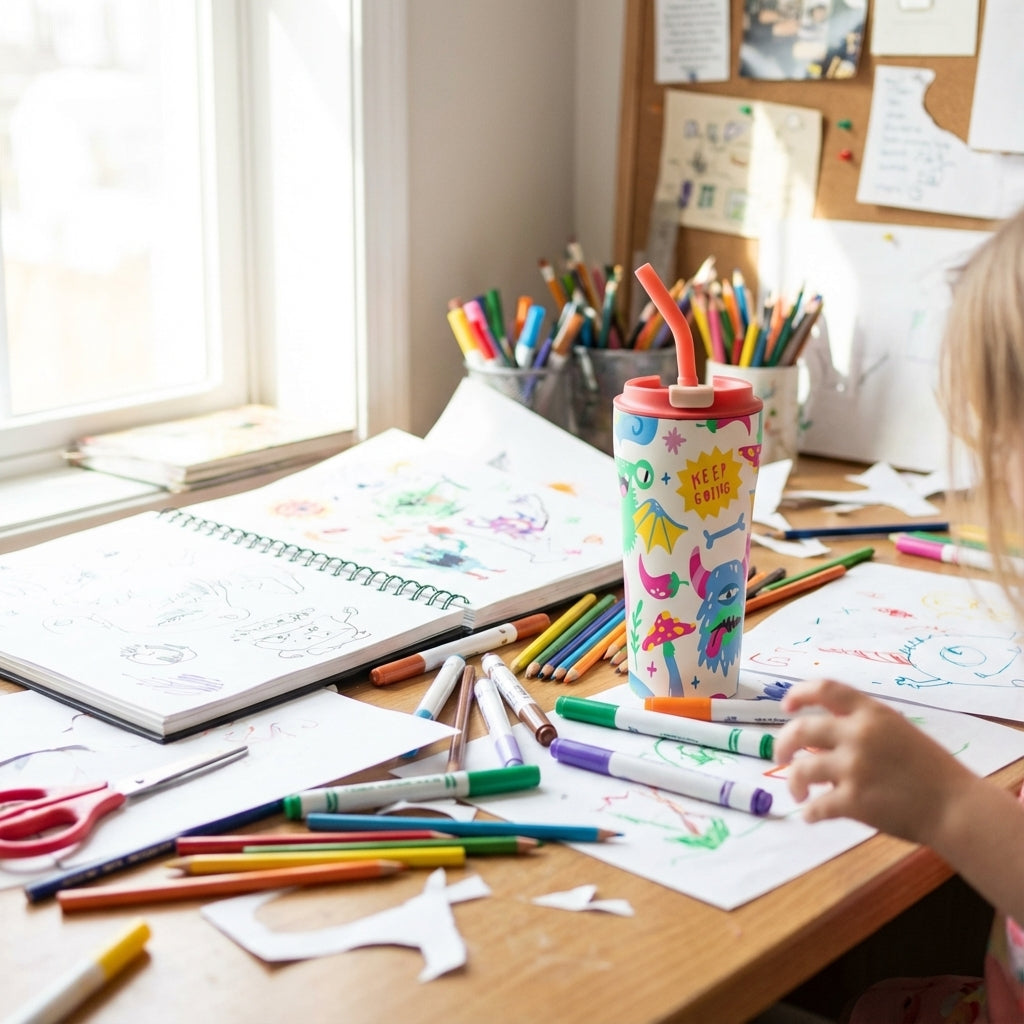 In-Use shot - White 16oz insulated tumbler with coral lid and straw, featuring colorful cartoon monsters, pink mushrooms, and Keep Going text, sitting on a playroom rug.