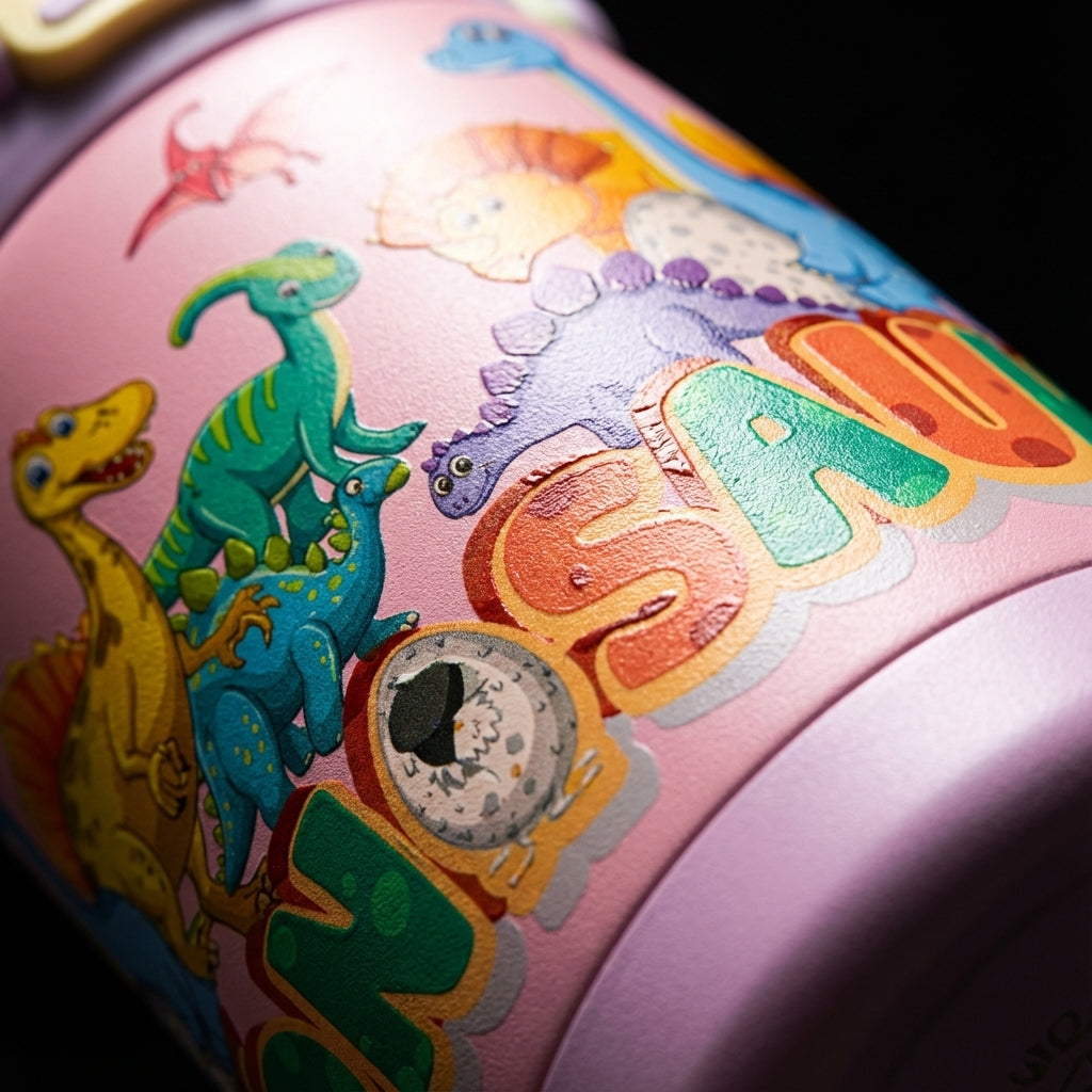 Detail shot - Pink LAMOSE Goose 14 oz water bottle featuring colorful cartoon dinosaurs, a purple lid, and a pale green handle standing on a wooden surface.