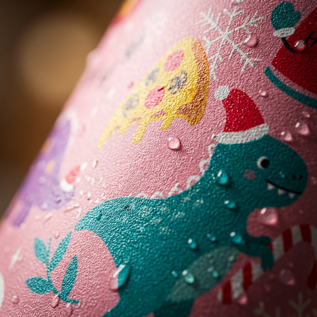 Detail shot - Pink LAMOSE Goose 14oz kids water bottle featuring Santa dinosaurs, unicorns, pizza, and watermelon pattern with purple lid and green handle