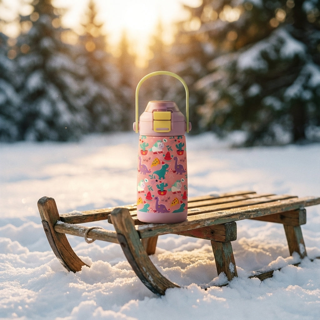 Lifestyle shot - Pink LAMOSE Goose 14oz kids water bottle featuring Santa dinosaurs, unicorns, pizza, and watermelon pattern with purple lid and green handle