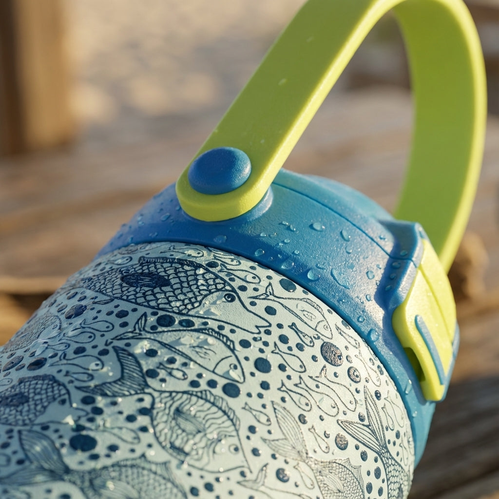 Detail shot - LAMOSE Goose 14oz insulated kids water bottle featuring a navy blue fish pattern on light blue background with a lime green handle, sitting on a wooden surface.