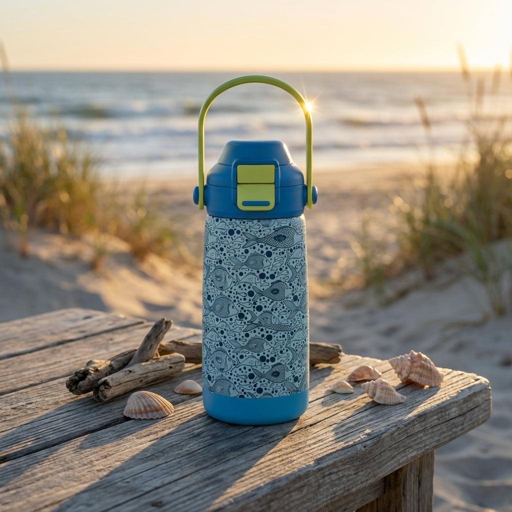 Lifestyle shot - LAMOSE Goose 14oz insulated kids water bottle featuring a navy blue fish pattern on light blue background with a lime green handle, sitting on a wooden surface.