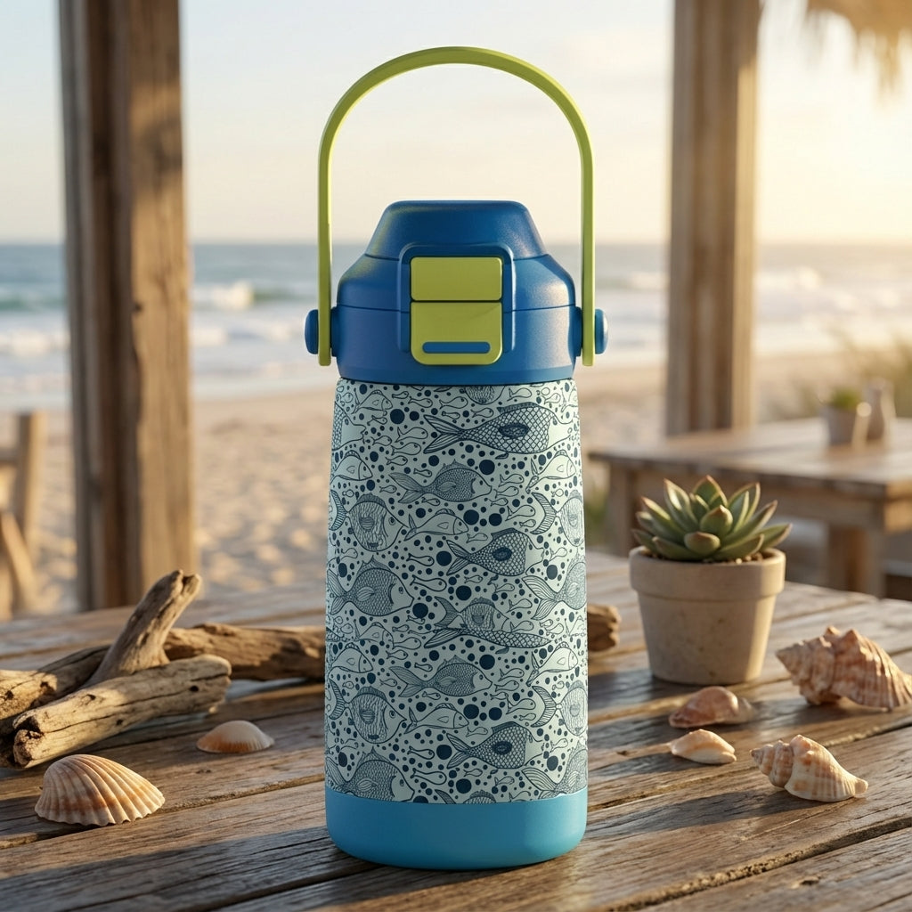 LAMOSE Goose 14oz insulated kids water bottle featuring a navy blue fish pattern on light blue background with a lime green handle, sitting on a wooden surface.