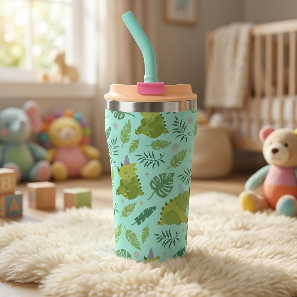 Light blue 16 oz tumbler featuring green dinosaurs in party hats, pink flowers, and a peach-colored lid with a blue straw.