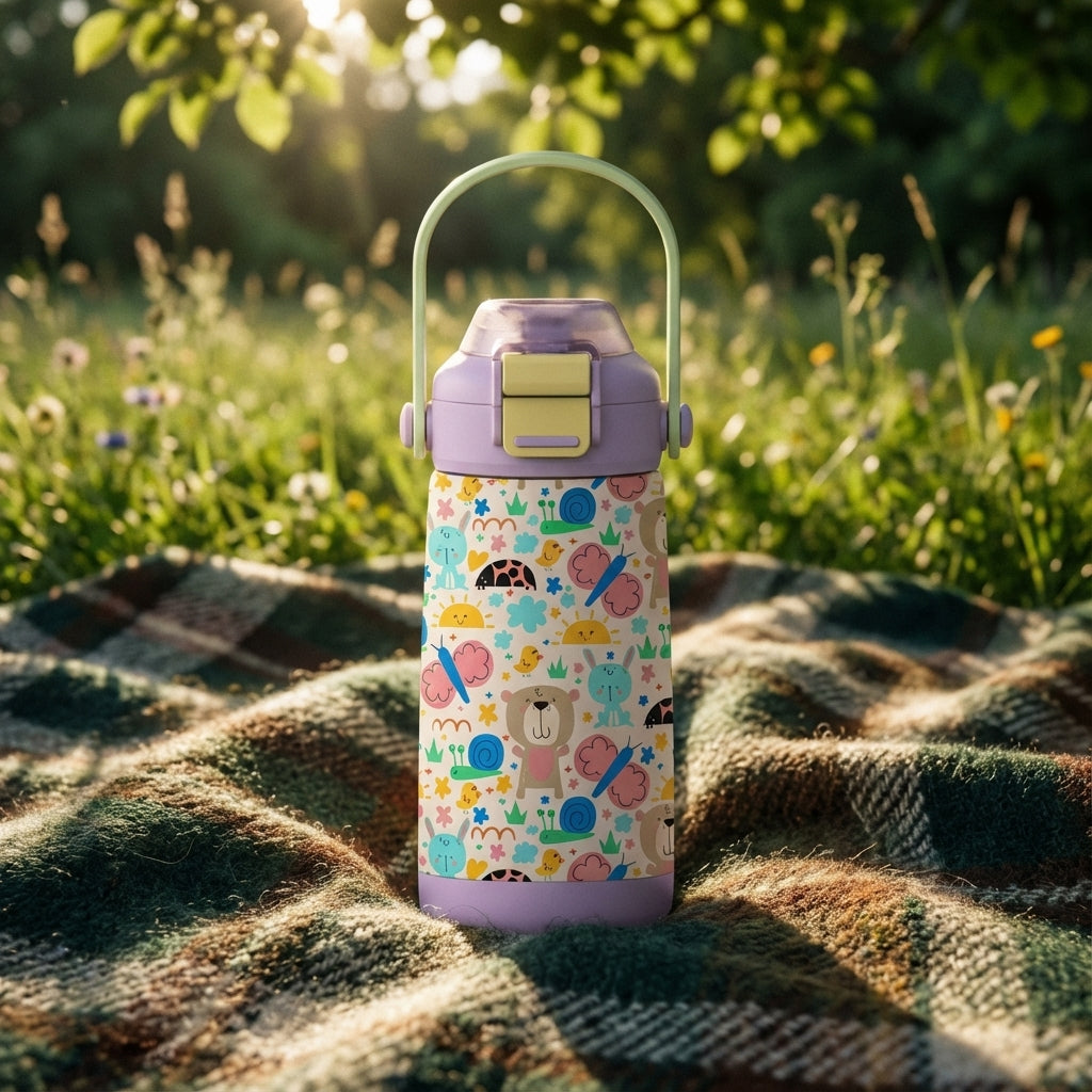 Lifestyle shot - LAMOSE Goose 14 oz kids water bottle in light purple and cream featuring cartoon bears, rabbits, and nature elements with a green handle.