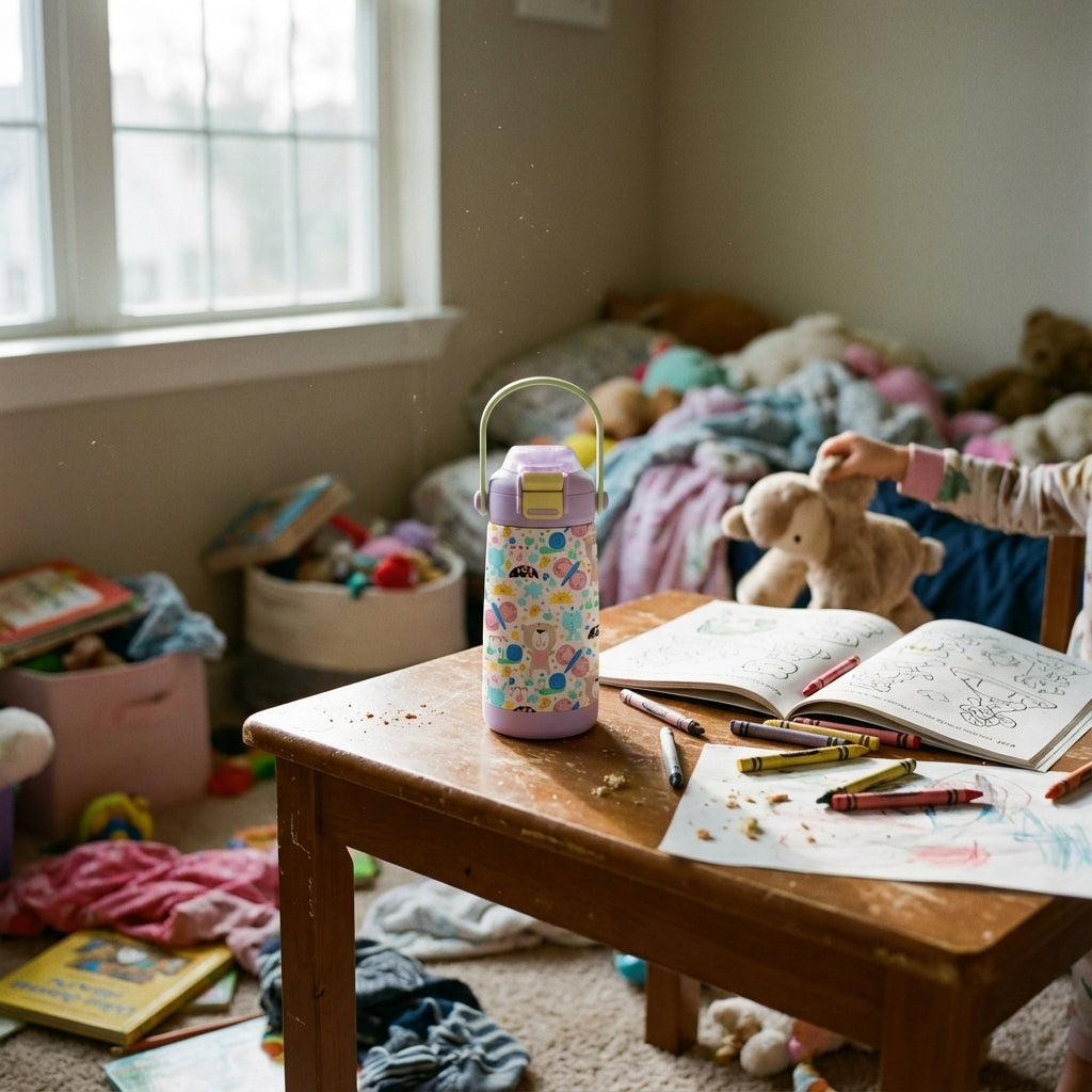 In-Use shot - LAMOSE Goose 14 oz kids water bottle in light purple and cream featuring cartoon bears, rabbits, and nature elements with a green handle.