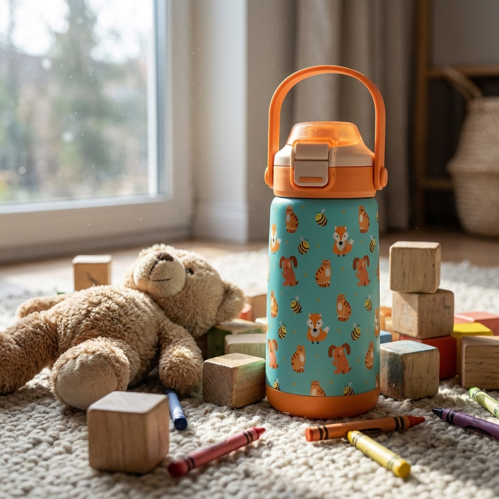 In-Use shot - LAMOSE Goose 14oz kids water bottle in light blue with orange cartoon dogs foxes and tigers pattern and orange handle