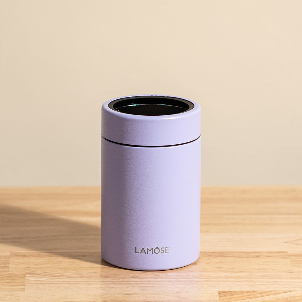 LAMOSE Logan 12 oz double-wall stainless steel maintains drinks icy cold for hours, leakproof security, perfectly fits standard can.