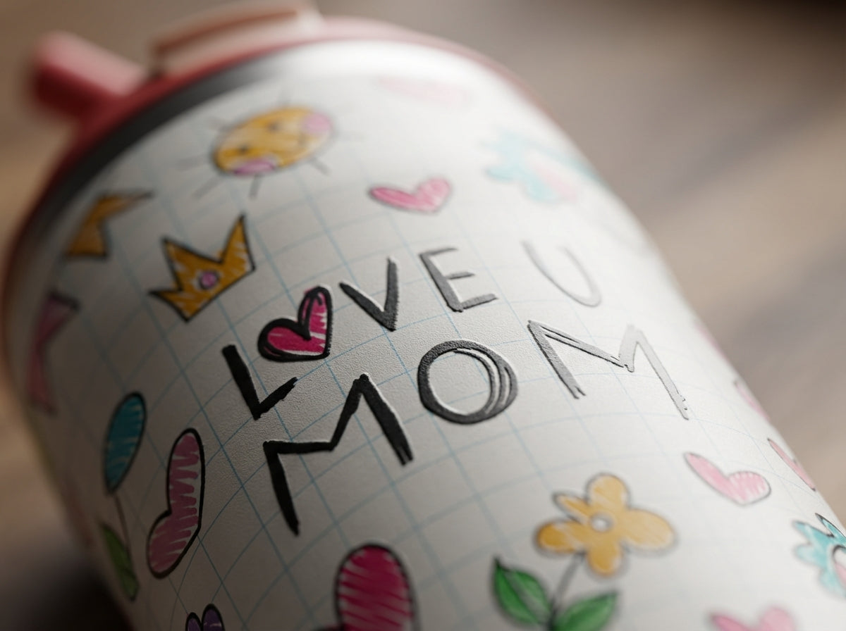Detail shot - LAMOSE Bow 16 oz insulated tumbler featuring a notebook paper grid pattern, coral straw, and colorful childlike doodles of hearts, sun, and a crown.