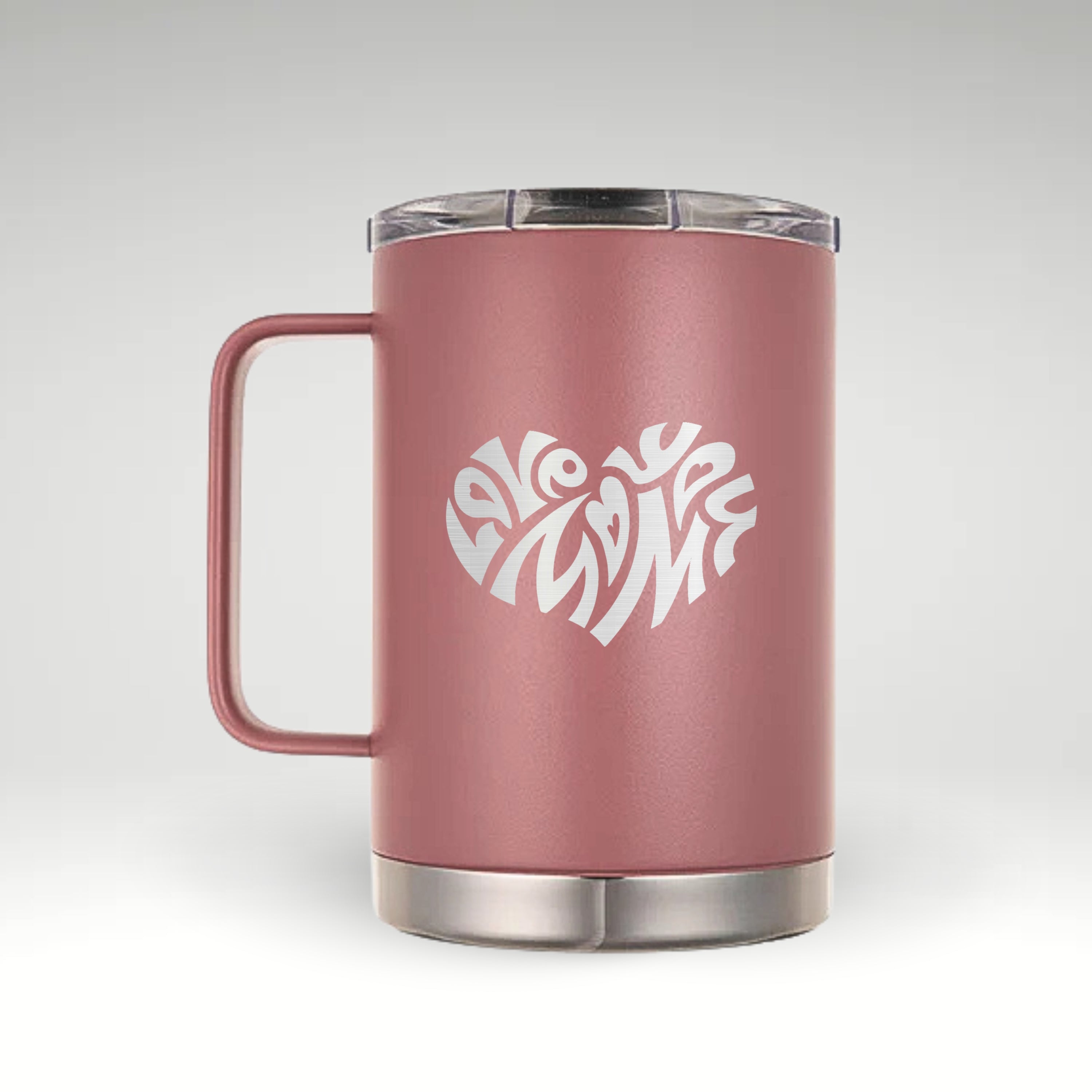 Dusty Pink (Rose gold) insulated mug featuring a heart-shaped "Love You Mom" engraving, a perfect heartfelt gift for moms.